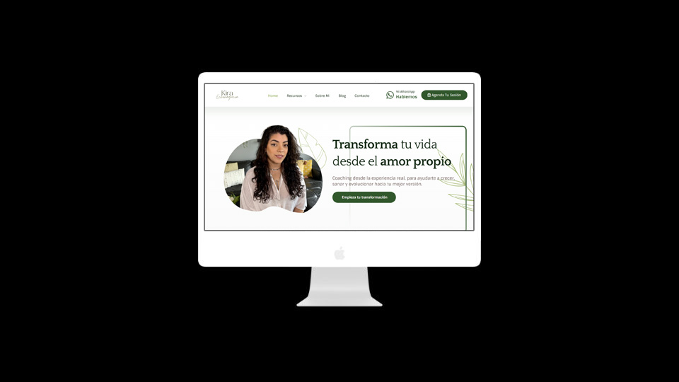 Mockup of a computer screen displaying the homepage of kiraechenagucia.com, featuring modern personal brand website design with clean layout and engaging visuals.
