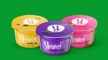 Three Yogo yogurt cups in different flavors with colorful packaging design, showcasing a fresh and modern brand identity for dairy products.