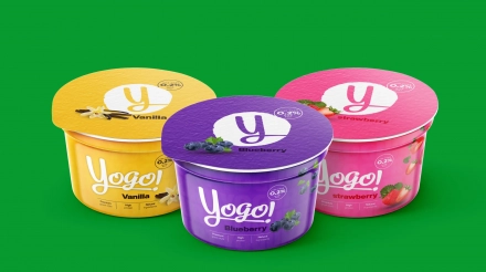 Three Yogo yogurt cups in different flavors with colorful packaging design, showcasing a fresh and modern brand identity for dairy products.