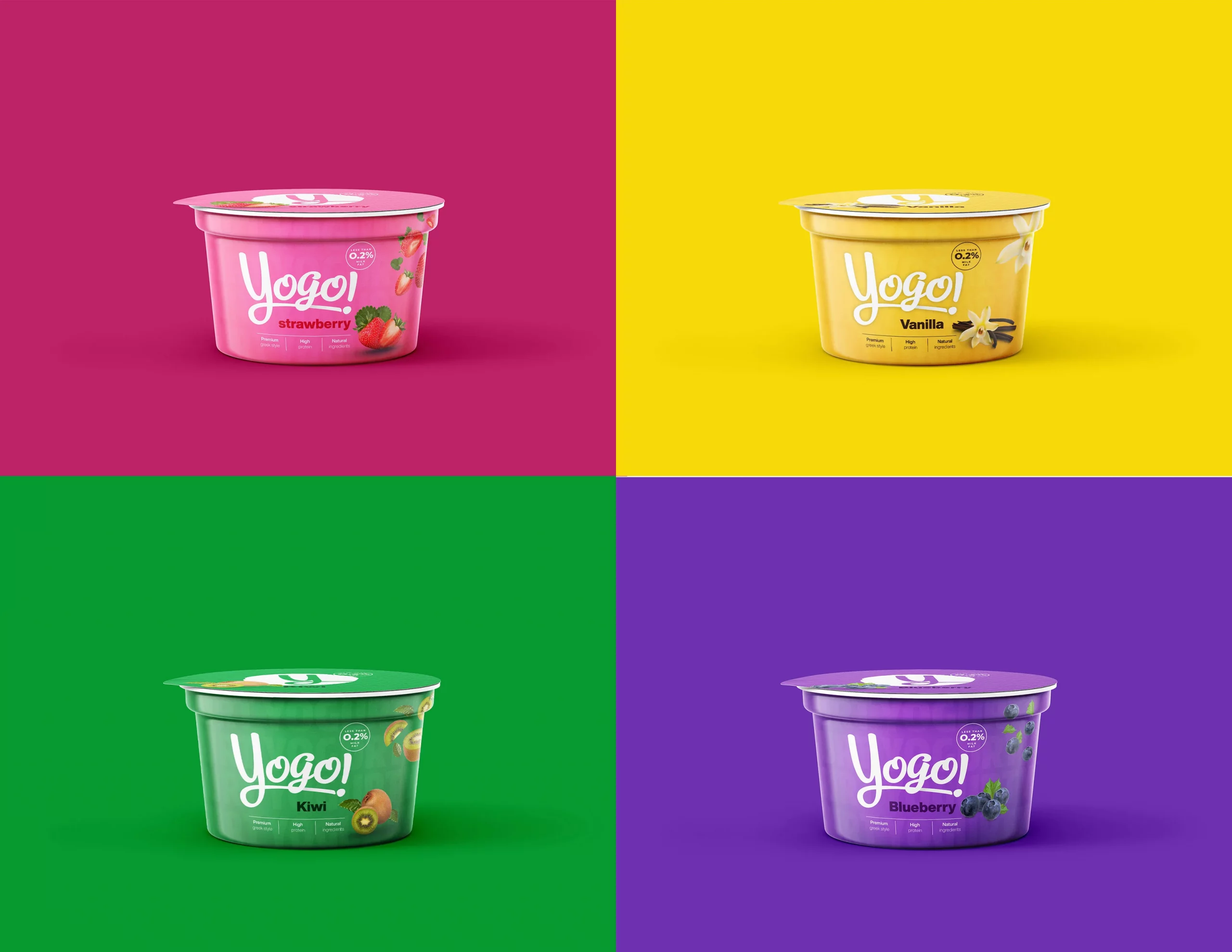 Mosaic of four Yogo yogurt cups in assorted flavors, showing colorful packaging and cohesive branding across the product line.