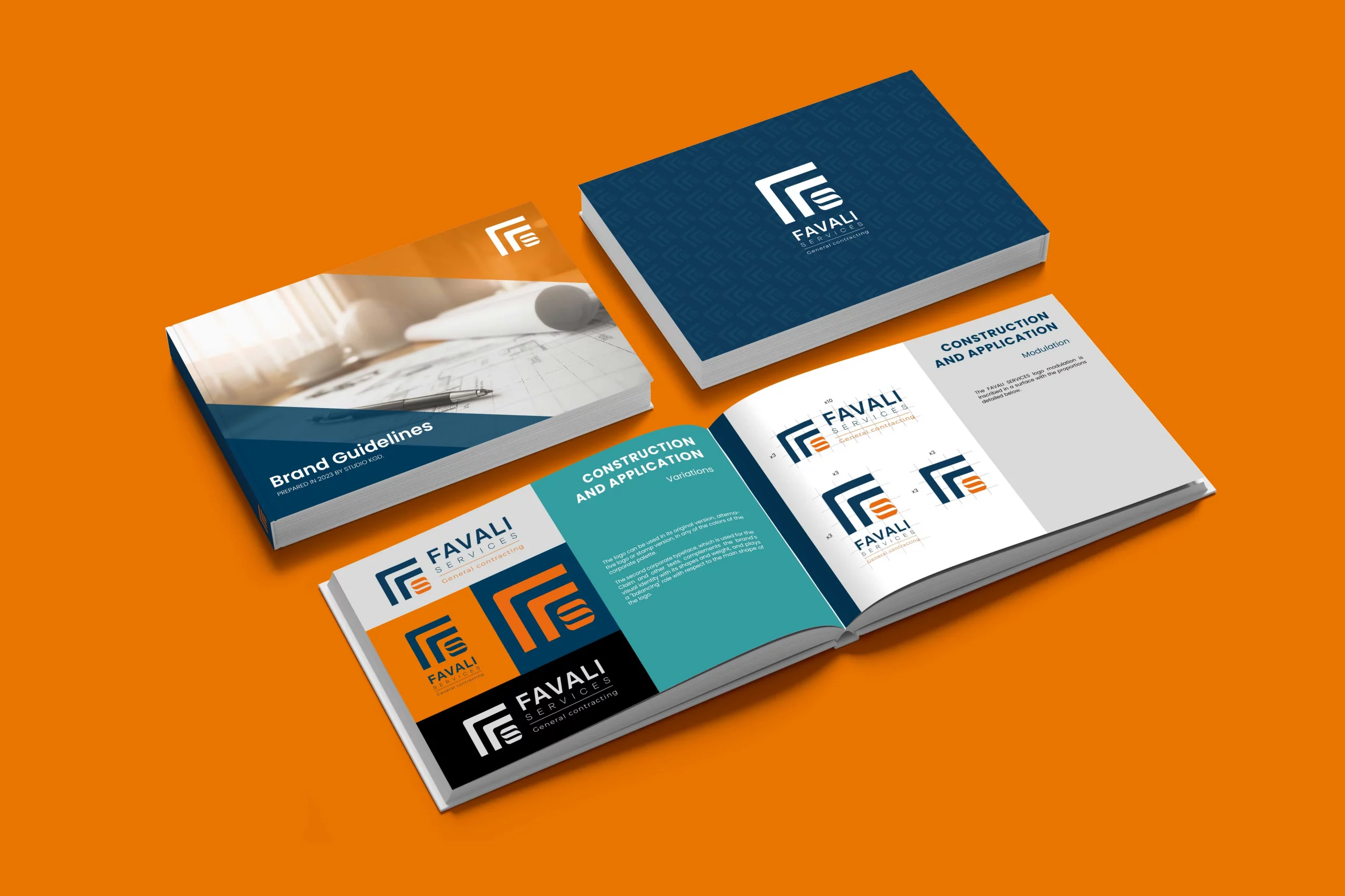 Mockup of Favali Services catalogue showcasing professional construction services with cohesive brand colors, layout, and visual identity.