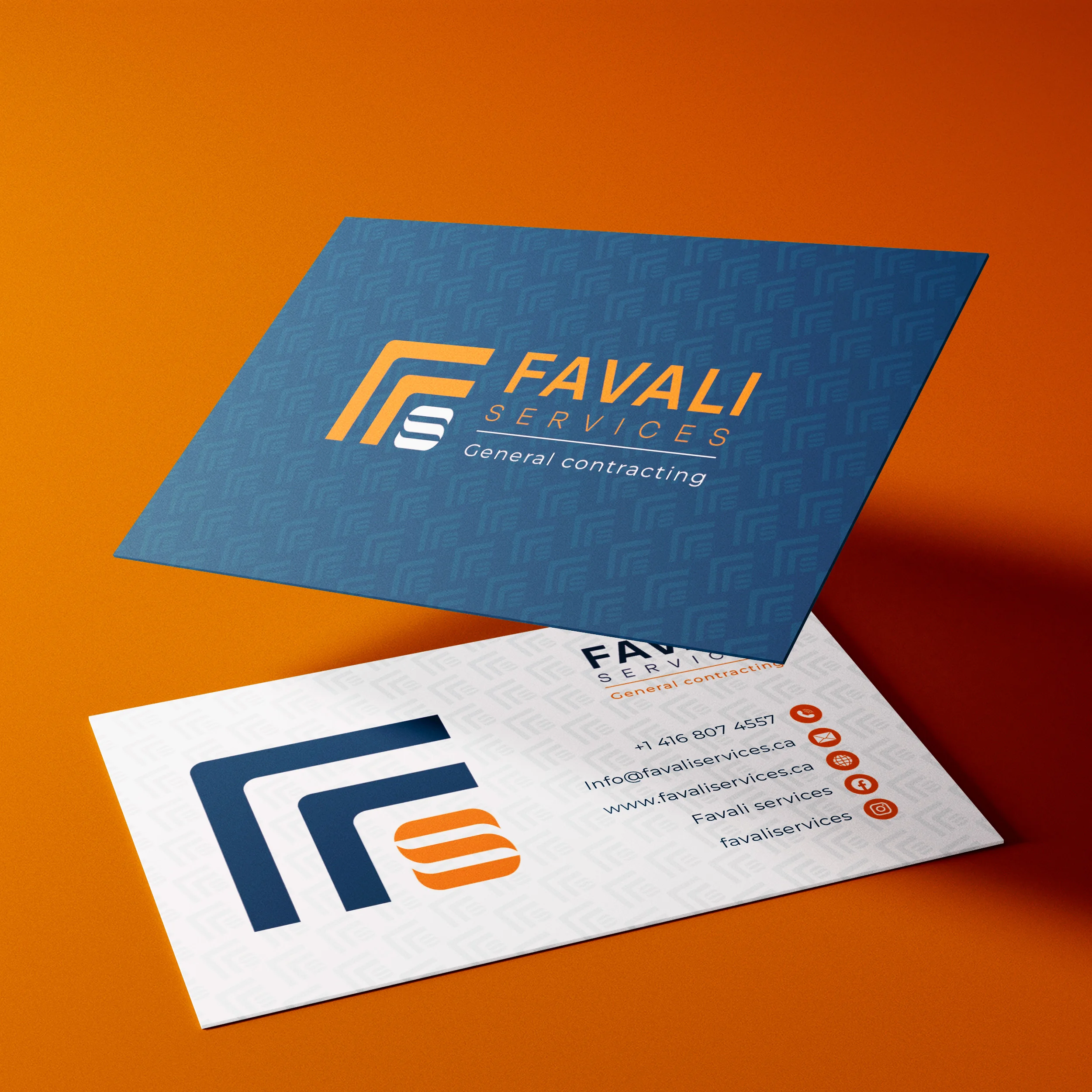 Mockup of Favali Services business card featuring clean logo design, modern typography, and professional branding for a general contractor.