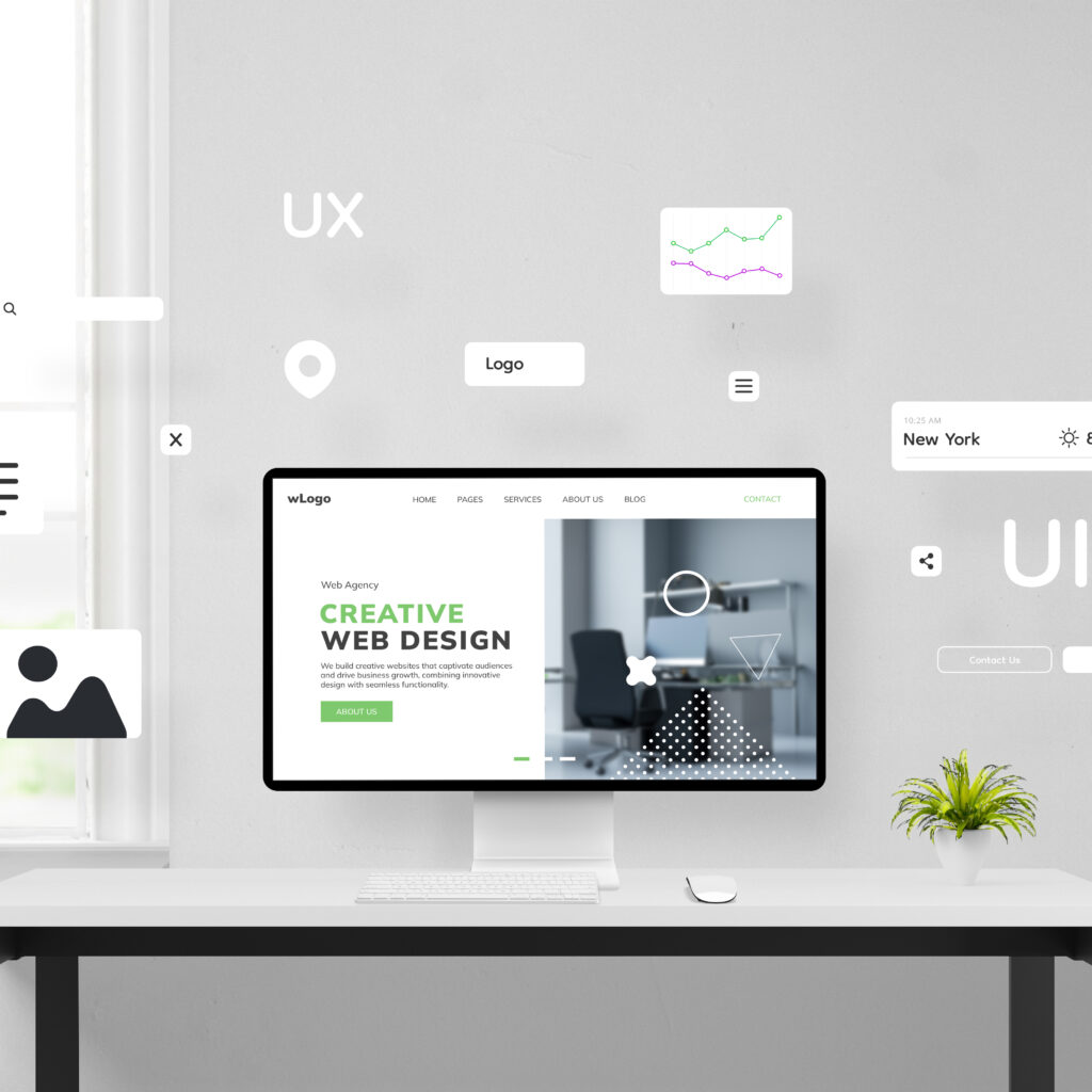 Office desk displaying the creation of a web page with elements flying around a concept web page on a computer display. Illustrating website arrangement and design process